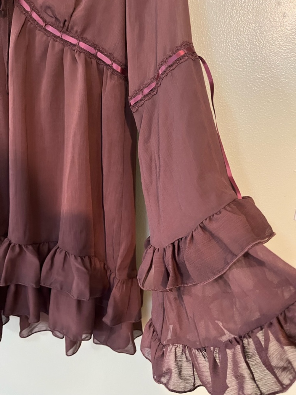 Sheer Ruffle V-Neck Mini Dress in Chocolate Brown By Cider Baby Doll M NWT - Picture 5 of 12